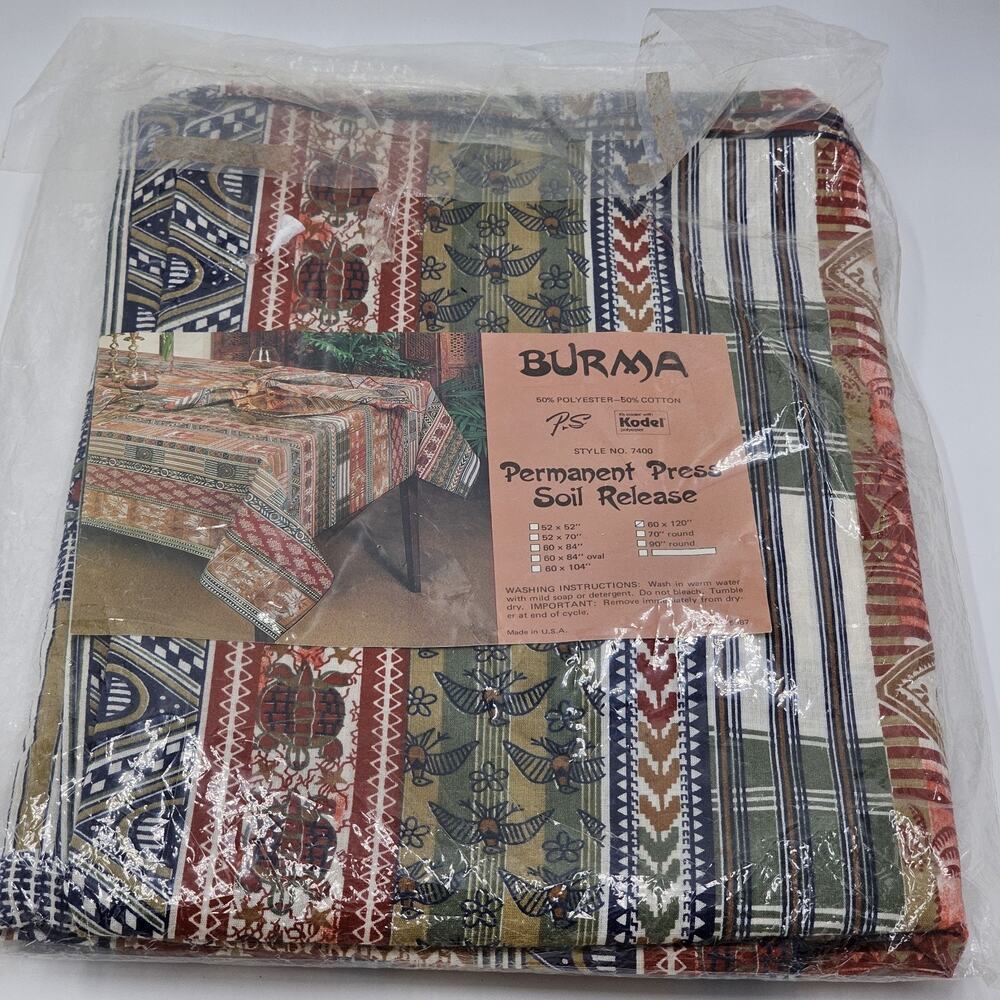 Vintage Burma Kodel Polyester Tablecloth 60x120 Geometric Lizard Bird Tribal NIP
